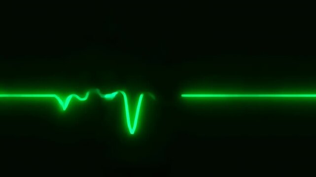 Neon green electrocardiogram waveform moving across dark monitor with sharp spikes, rounded peaks, brief troughs, flat sections, glowing trace, strong contrast, centered display