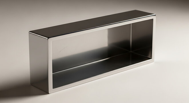 Minimalist chrome rectangular open box on white background