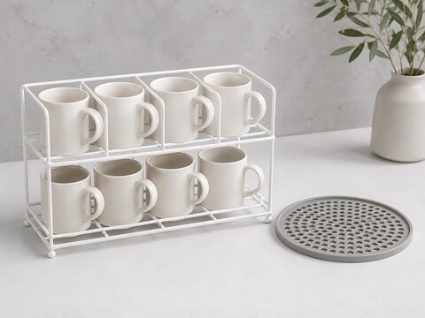 A white metal two-tier mug rack holding eight white ceramic mugs, placed next to a grey circular silicone coaster on a clean kitchen surface