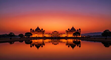 Fototapeta premium Majestic Castle at Sunset Reflected in Still Water