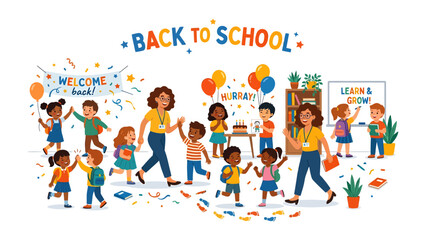 Fototapeta premium Back to School Celebration: Cheerful children and teachers, full of excitement and anticipation, gather for a vibrant Back to School celebration.
