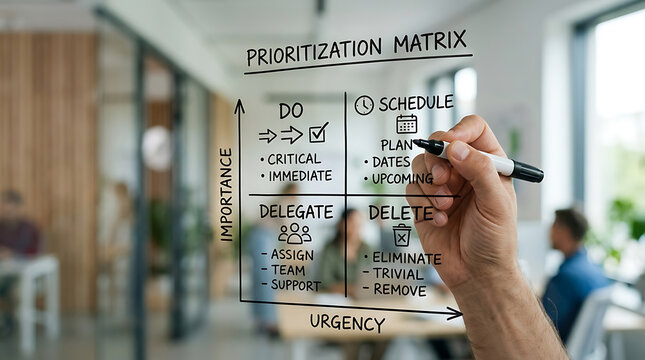 Hand drawing a prioritization matrix on a glass board in an office setting, illustrating task management and time organization strategies.