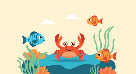 Fototapeta premium Cute cartoon crab and colorful fish swimming in vibrant underwater scene with aquatic plants.