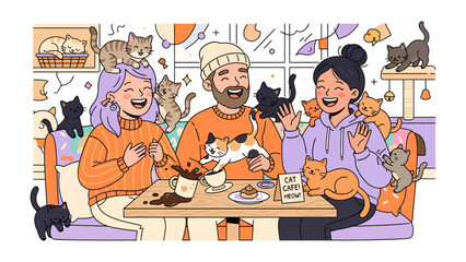 Cat Cafe Bliss: A delightful illustration of people enjoying a cozy time at a cat cafe, surrounded by playful kittens and felines. © azizunnahar