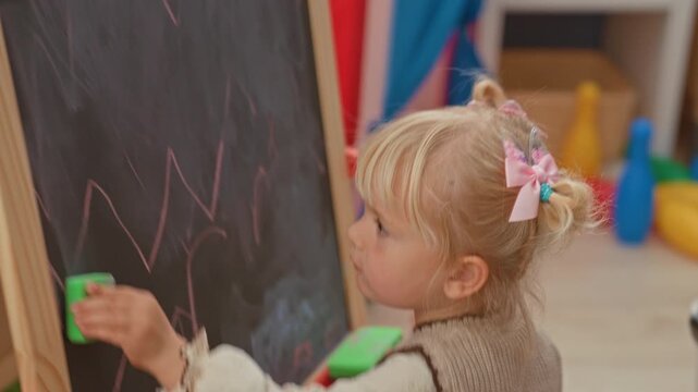 Little blonde girl erasing chalk drawing on a wooden easel chalkboard with hand in an indoor playroom building; curiosity learning.