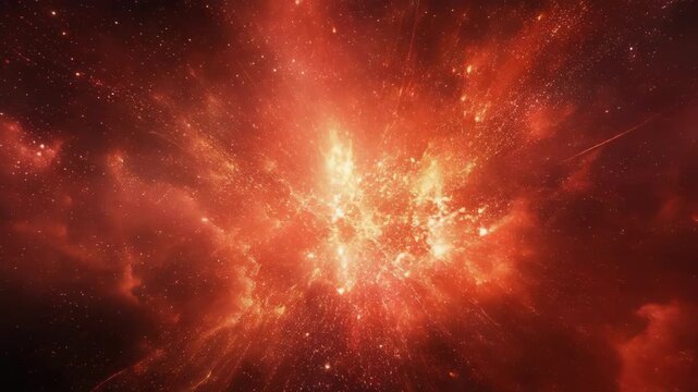 A bright, fiery cosmic explosion with glowing particles and red clouds