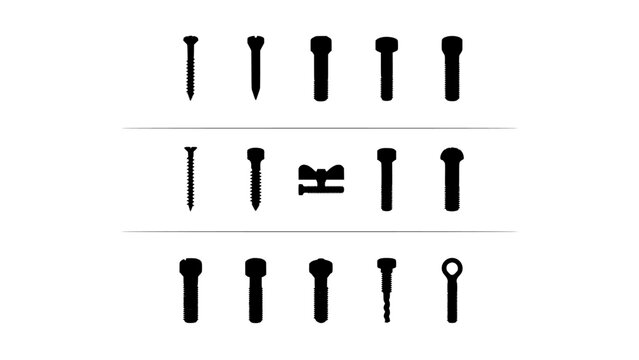 Screws and Screw Heads in Various Designs and Styles Featuring Fasteners, Hardware, Tools with Construction and Woodworking