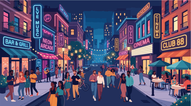 Diverse crowd of people walking and socializing on a vibrant city street at night.
