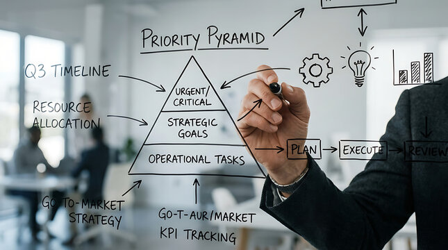 Businessman drawing a priority pyramid and strategic business concepts on a glass board in an office setting.