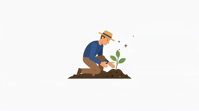 Young farmer kneeling on the ground planting a green seedling in soil.