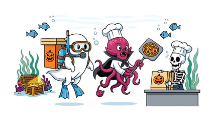 Spooky Underwater Halloween Party: A whimsical illustration depicting a ghostly diver, a vampire octopus chef, and a skeleton server engaged in a Halloween celebration underwater. © Karima