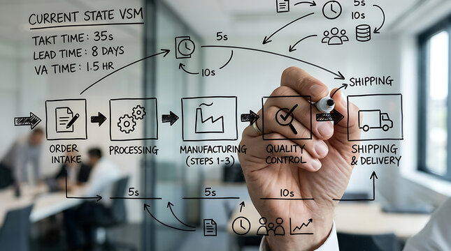 A person's hand drawing a detailed value stream mapping diagram on a glass board in an office setting, illustrating business process optimization.
