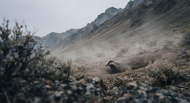 American badger emerging from its burrow in a rugged mountain landscape