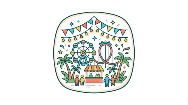 Fairground carnival icon with Ferris wheel and flags.
