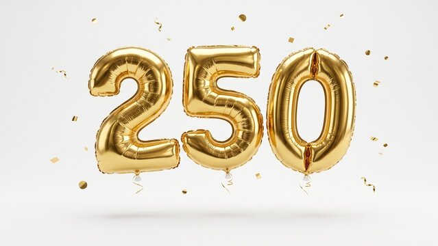 Premium gold foil balloon number 250 floating with elegant metallic confetti on a seamless white background, captured in ultra realistic studio lighting for luxury anniversary celebration projects.
