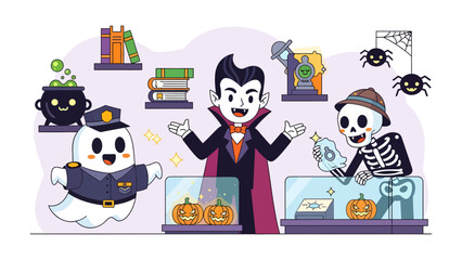 Fototapeta premium Halloween Trio at the Museum: A charming ghost police officer, a charismatic vampire, and a quirky skeleton admire spooky exhibits, including pumpkins and cobwebs, in a whimsical museum setting.