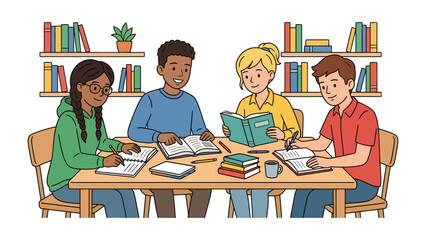 Study Group Collaboration: Four diverse students gather around a table in a library, engrossed in a study session, surrounded by bookshelves filled with knowledge. © Rokaiya