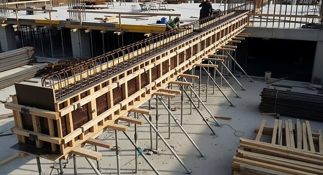 Construction Site Wooden Framework in Industrial Building.