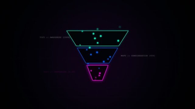 Abstract neon data funnel with glowing particles moving through stages