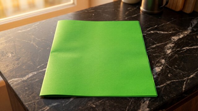 Empty Green Folder Mockup on Dark Marble Countertop in Bright Kitchen