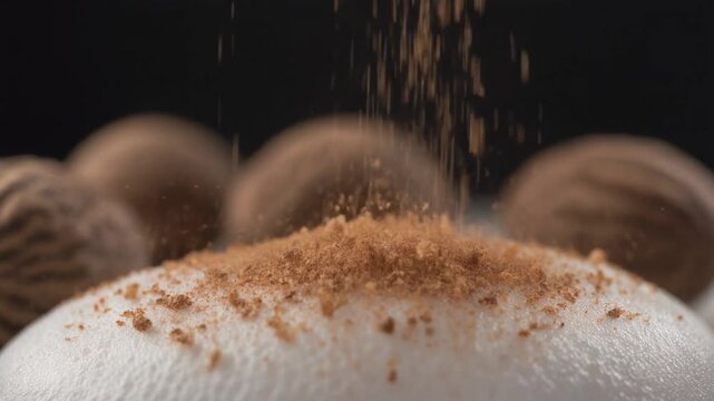 Sprinkling Aromatic Ground Nutmeg on Creamy Dessert
