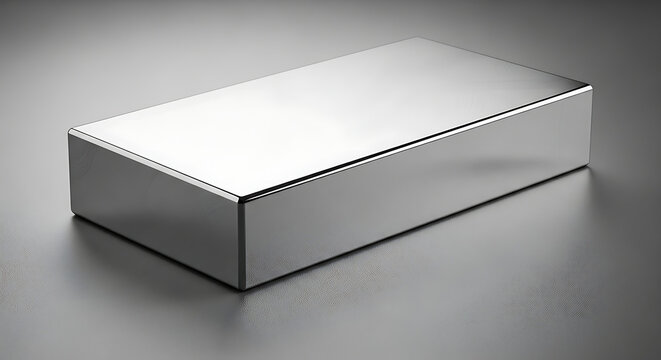Polished silver or chrome metal block on a grey surface