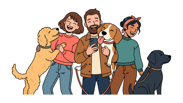Joyful Companionship: A happy family poses with their beloved canine companions, celebrating the unconditional love and joy that pets bring into our lives.
