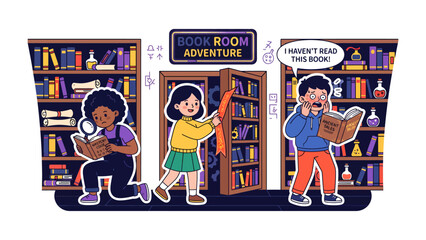 Book Room Adventure: Three young children embark on an imaginative journey through a magical library, surrounded by towering bookshelves filled with stories and wonder. © Azizun