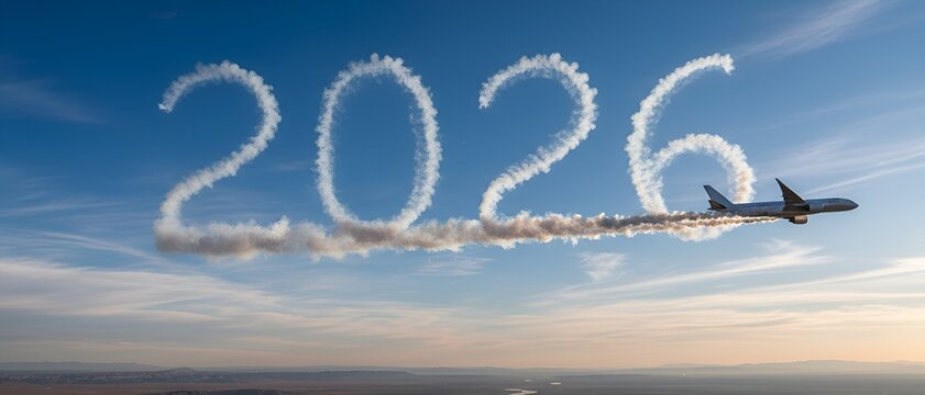 Aircraft leaves smoke trail in the sky forming the year 2026 during a clear day
