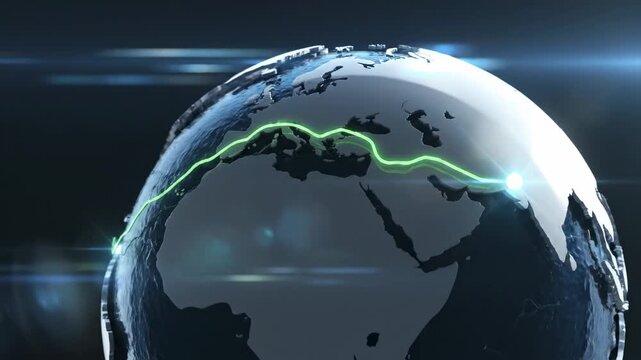 3D animated globe rotating with highlighted route connecting continents, showcasing geographical features and illuminated points of interest across the surface