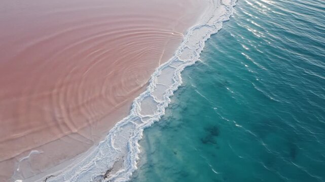 Ocean wave beach sand pink water sea shore coastline nature - tranquil atmosphere vibrant colors refreshing sea salt flat turquoise aerial view natural wonder peace