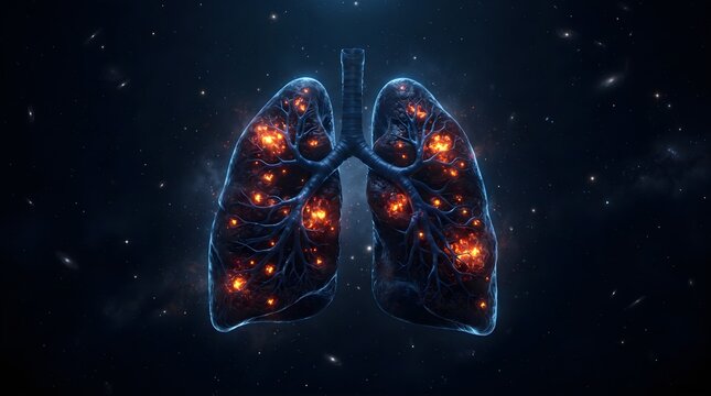Glowing lungs with inflamed bronchi and bronchioles in a cosmic background