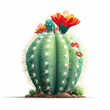 Stunning Notocactus Magnificus with Red and Orange Flowers Watercolor Illustration