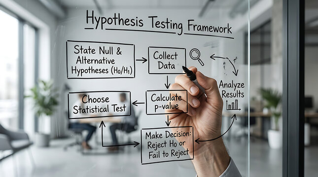A hand drawing a detailed hypothesis testing framework flowchart on a glass board in a modern office environment, illustrating statistical analysis steps.