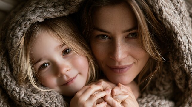 Prompt: An intimate indoor photograph of a loving mother hugging her toddler daughter on a bed under a heavy textured knit blanket. Shot on a Canon EOS R3, 85mm portrait lens, f/1.8, minimizing 