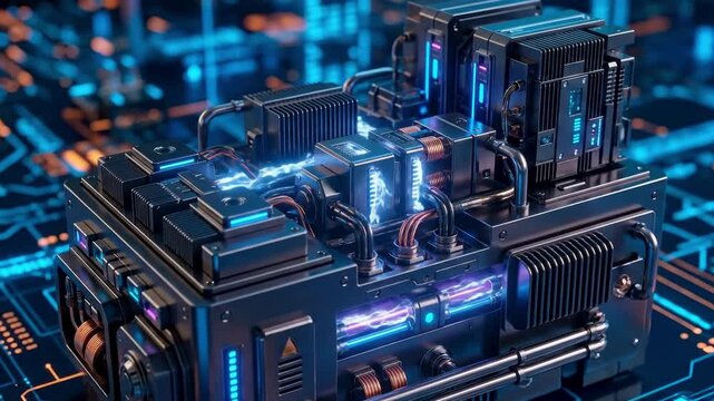 Futuristic quantum computer processor with glowing electronic circuits. Suitable for technology, science, data, computing, and education.