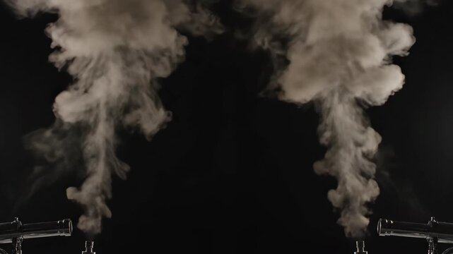 Dual smoke cannons release vibrant flames and thick smoke against a dark background, showcasing a dynamic visual progression of pyrotechnic effects in sequence