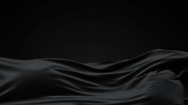 Elegant dark flowing fabric textile drapes smoothly, conveying luxury and mystery. Deep black color, soft folds, gentle waves create sophisticated timeless aesthetic, hinting understated opulence