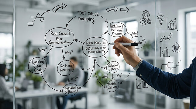 A person's hand drawing a root cause analysis diagram on a glass board in a modern office, illustrating problem-solving for declining team productivity.
