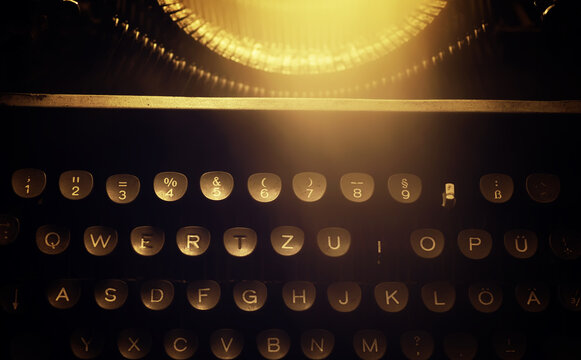 Letters on the keys of an old typewriter. Antique Typewriter. Vintage Typewriter Machine