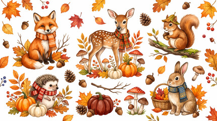 Naklejka premium Watercolor Autumn Woodland Animals Collection with Fall Leaves and Pumpkins