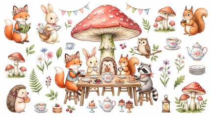 Fototapeta premium Watercolor Woodland Animals Tea Party Illustration with Cute Forest Friends