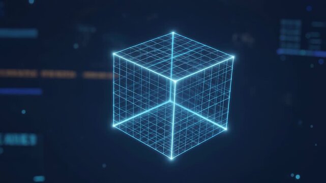 Rotating 3D Grid Cube with Digital Interface Background