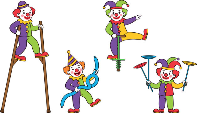 Cute Cartoon Circus Clown Character Vector Set with Performers on Stilts Pogo Stick Balloon Twisting and Plate Spinning PosesCute Cartoon Circus Clown Character Vector Set with Performers on Stilts Po