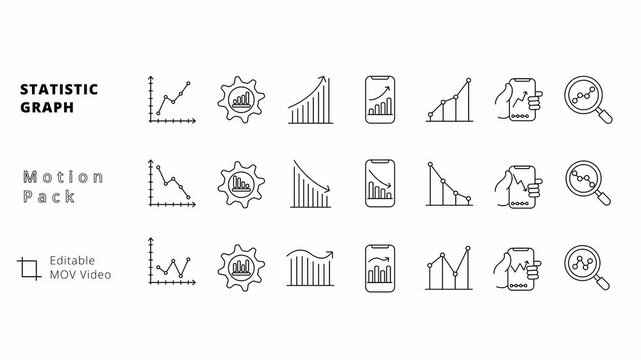 Statistic graph icon set in thin line style. Business data analysis, finance growth, and market trend motion grapic animation