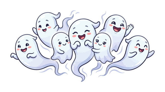 Happy cartoon ghosts playing together outside.