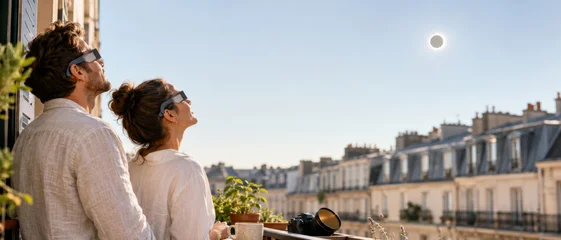 Solar eclipse viewing from European balcony, featuring two adults with glasses © dvoevnore