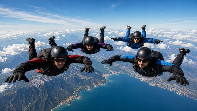 Group of skydivers free falling in the sky above ocean. Extreme sport and professional parachutist team flying in air. Adventure travel, active leisure and brave athlete competition.