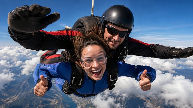 Woman skydiving with professional instructor in tandem. Happy girl enjoying free fall from plane. Extreme adventure sport and adrenaline activity. Professional parachuting hobby sky.