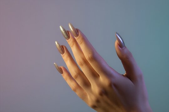 Dynamic Hands with Shimmering Metallic Nail Art Extensions